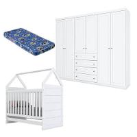 Berço Montessoriano E Guarda Roupa Infantil Mississipi 6 Portas Branco Hp Com Colchão Ortobom - Henn - 1