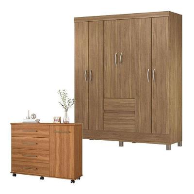 Cômoda e Guarda Roupa Casal Flora Flash 2 7 Portas 6 Gavetas em MDP Amêndola Touch