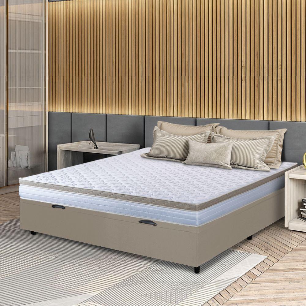 Cama Box Baú Casal Colchão Com Molas Ensacadas 138x188x63cm Dunas Branco/bege Hellen Branco / Bege - 2