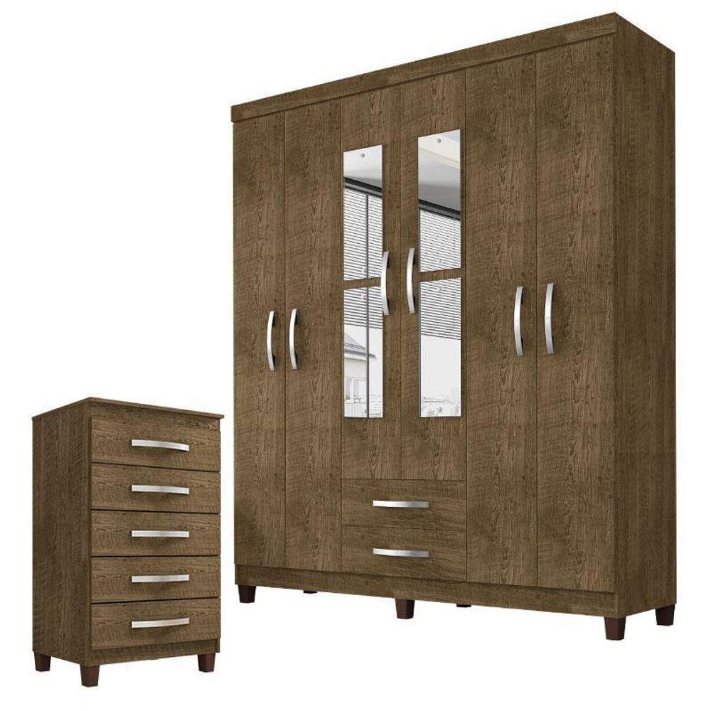 Guarda Roupa Casal Modena Com Espelho 6 Portas E Cômoda Cannes 5 Gavetas Malbec – Incorplac - 1