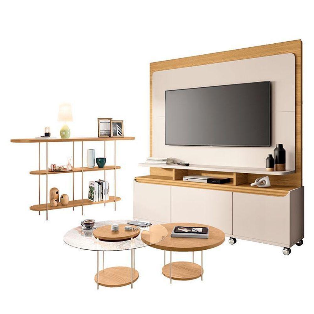 Estante Home Theater Quantum Off White Cinamomo E Aparador Infinity E Kit Mesa De Centro Sky Cinamomo– Hb Móveis - 1