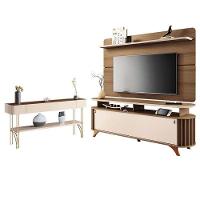 Rack Bancada Alba Com Painel Curv Com Aparador Vivant Castanho Off White – Hb Móveis - 1