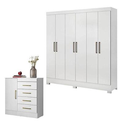 Cômoda e Guarda Roupa Casal Montevidéu Prático 10 Portas 7 Gavetas em MDP Branco