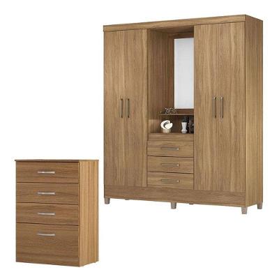 Cômoda e Guarda Roupa Casal Astral Capelinha Pérsia 4 Portas 4 Gavetas em MDP Amêndola Touch