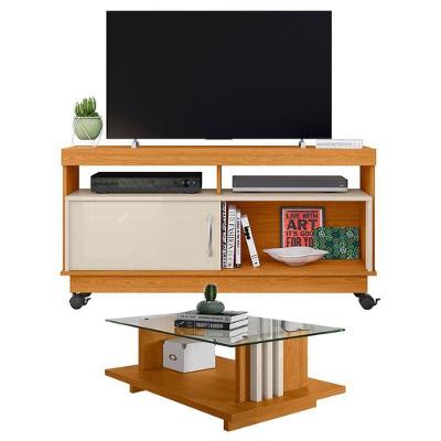 Rack Bancada Artur com Mesa de Centro Retangular Vidro 121cm Off White Cinamomo