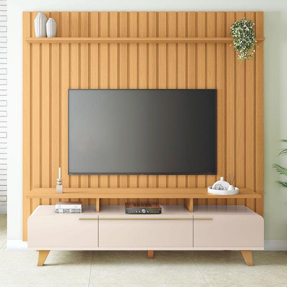 Rack Bancada Essenza 2.0 Com Painel Ripado You 2.2 Cinamomo Off White - Hb Móveis - 2