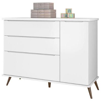 Cômoda Infantil Alice 3 Gavetas MDF Puxador MDF Branco Acetinado com Porta e Prateleira Interna