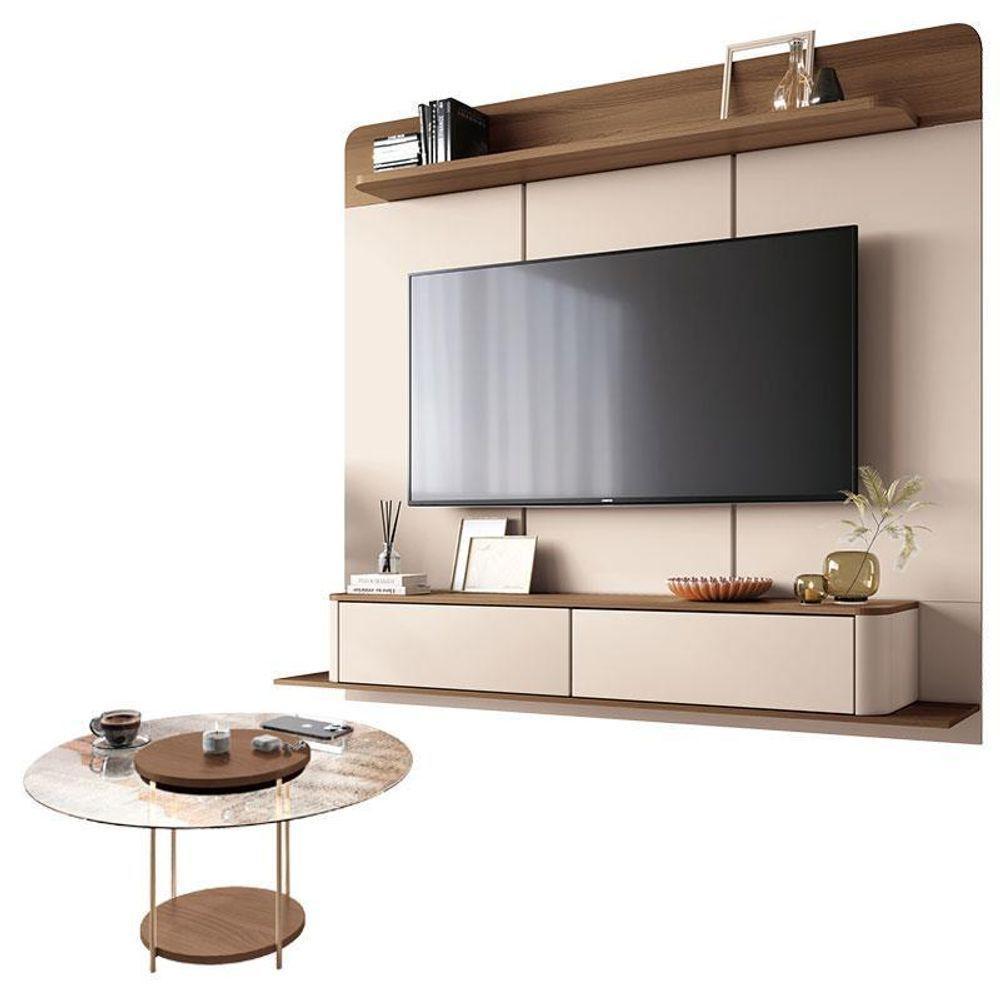 Home Suspenso Galax Castanho Off White E Mesa De Centro Sky Com Tampo De Vidro Castanho- Hb Móveis - 1