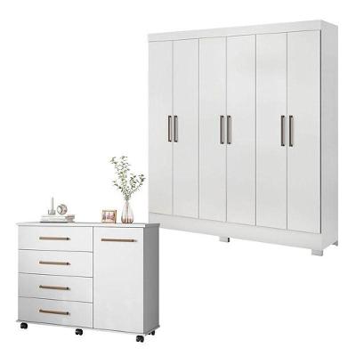 Cômoda e Guarda Roupa Casal Flora Prático 7 Portas 7 Gavetas em MDP Branco