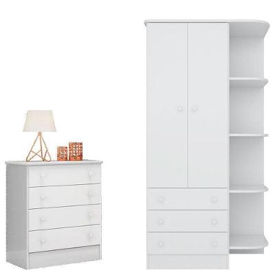 Cômoda e Guarda Roupa Infantil com Cantoneira Doce Sonho 2 Portas 7 Gavetas MDP Branco Brilho