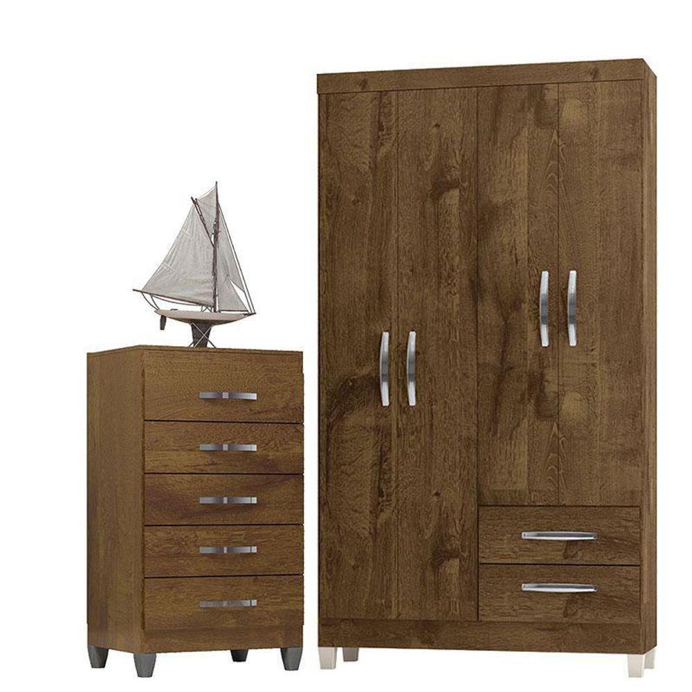 Guarda Roupa Solteiro Módena 4 Portas E Cômoda Cannes 5 Gavetas Malbec – Incorplac - 1