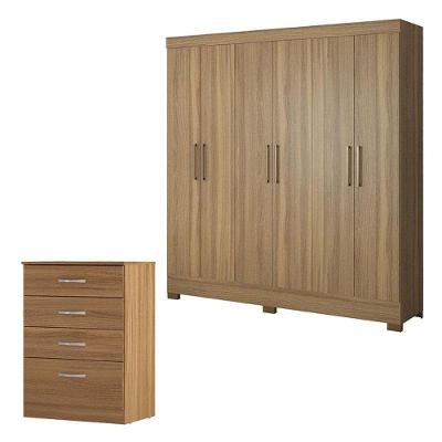 Cômoda e Guarda Roupa Casal Astral Prático 6 Portas 4 Gavetas em MDP com Puxadores Plástico Amêndola