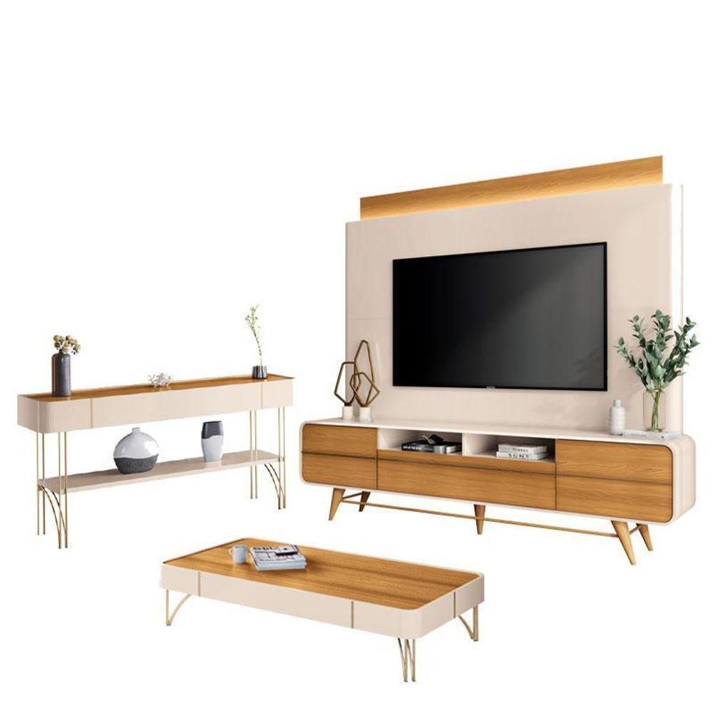 Estante Home Theater Nobre E Aparador Vivant E Mesa De Centro Cadenza Off White Cinamomo – Hb Móveis - 1