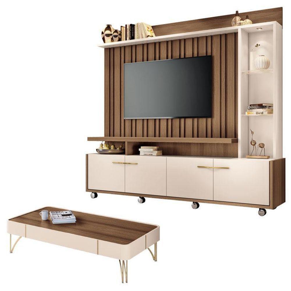 Estante Home Theater Titan E Mesa De Centro Cadenza Castanho Off White - Hb Móveis - 1