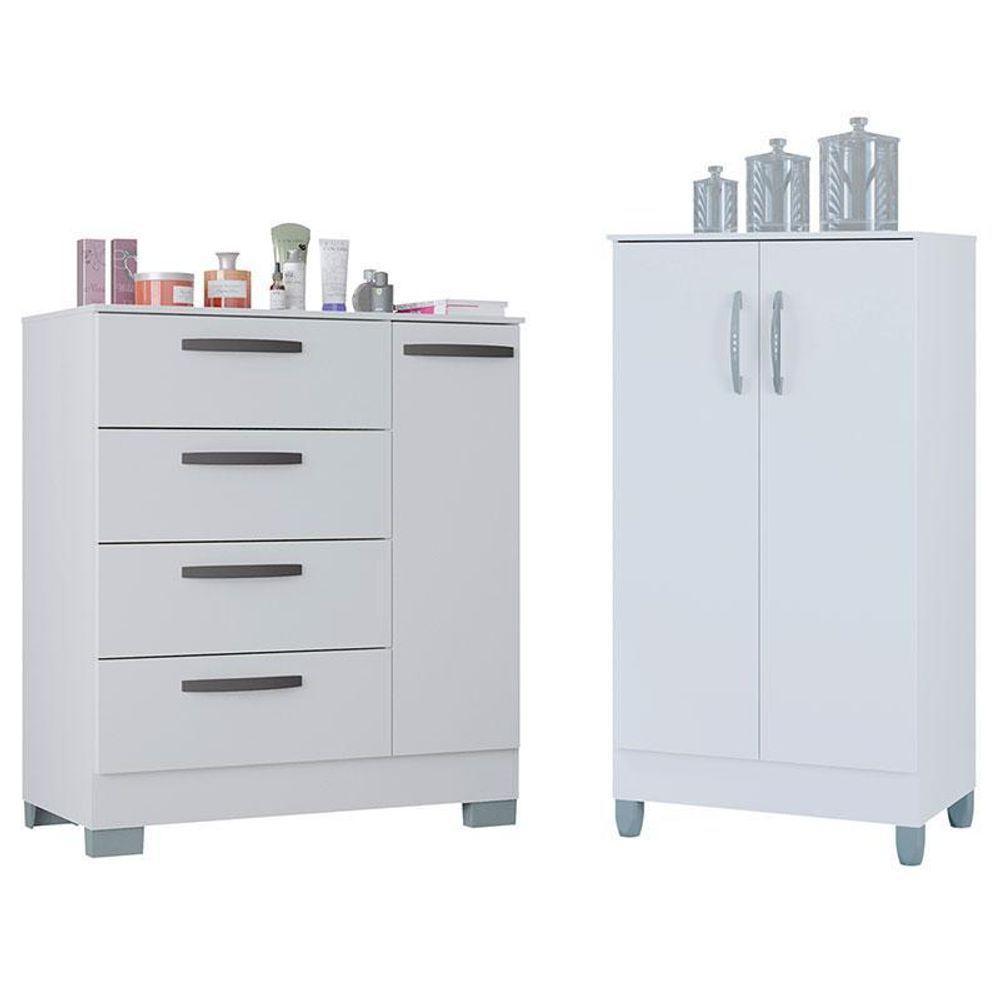 Cômoda 868 4 Gavetas E 1 Porta Com Armário Multiuso 2 Portas Pequeno Branco Brilho - Poquema - 1