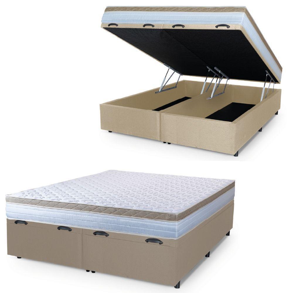 Cama Box Baú Casal Queen Colchão Com Molas Ensacadas 158x198x63cm Dunas Branco/bege Hellen Branco / Bege - 1