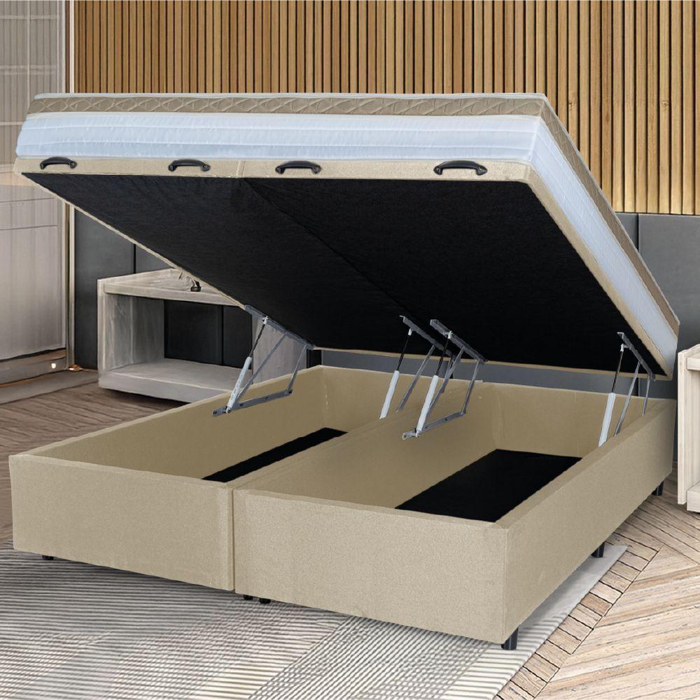 Cama Box Baú Casal Queen Colchão Com Molas Ensacadas 158x198x63cm Dunas Branco/bege Hellen Branco / Bege - 3