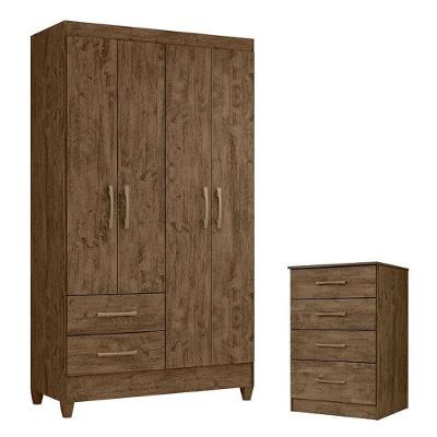 Guarda Roupa Solteiro e Cômoda Chile Ms913 4 Portas Giratórias 2 Gavetas em MDP Castanho Wood