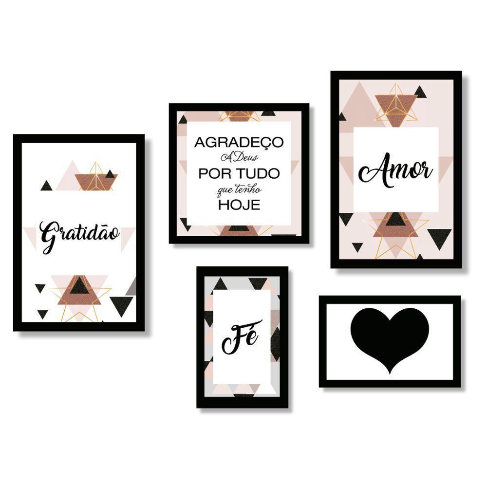 Kit 5 Quadros Decorativos Frases Amor Fé Gratidão Placa Sala - 1