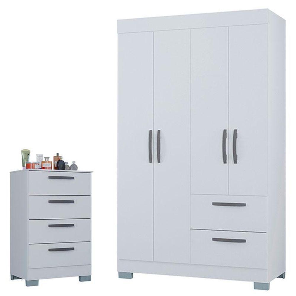 Cômoda 867 4 Gavetas E Guarda Roupa Solteiro Tóquio 4 Portas Branco Brilho - Poquema - 1