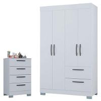 Cômoda 867 4 Gavetas E Guarda Roupa Solteiro Tóquio 4 Portas Branco Brilho - Poquema - 1