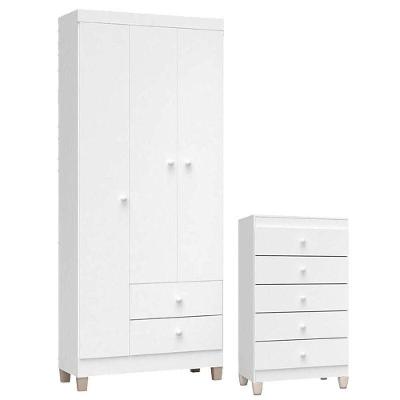 Cômoda Gaveteiro e Guarda Roupa Infantil Ternura Baby 3 Portas de Bater 2 Gavetas MDP Branco
