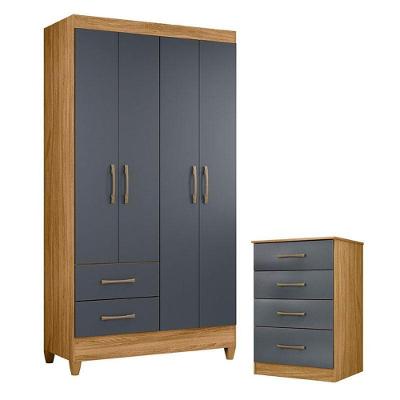 Guarda Roupa Solteiro e Cômoda Chile Ms913 4 Portas 2 Gavetas em MDP Freijó Cinza