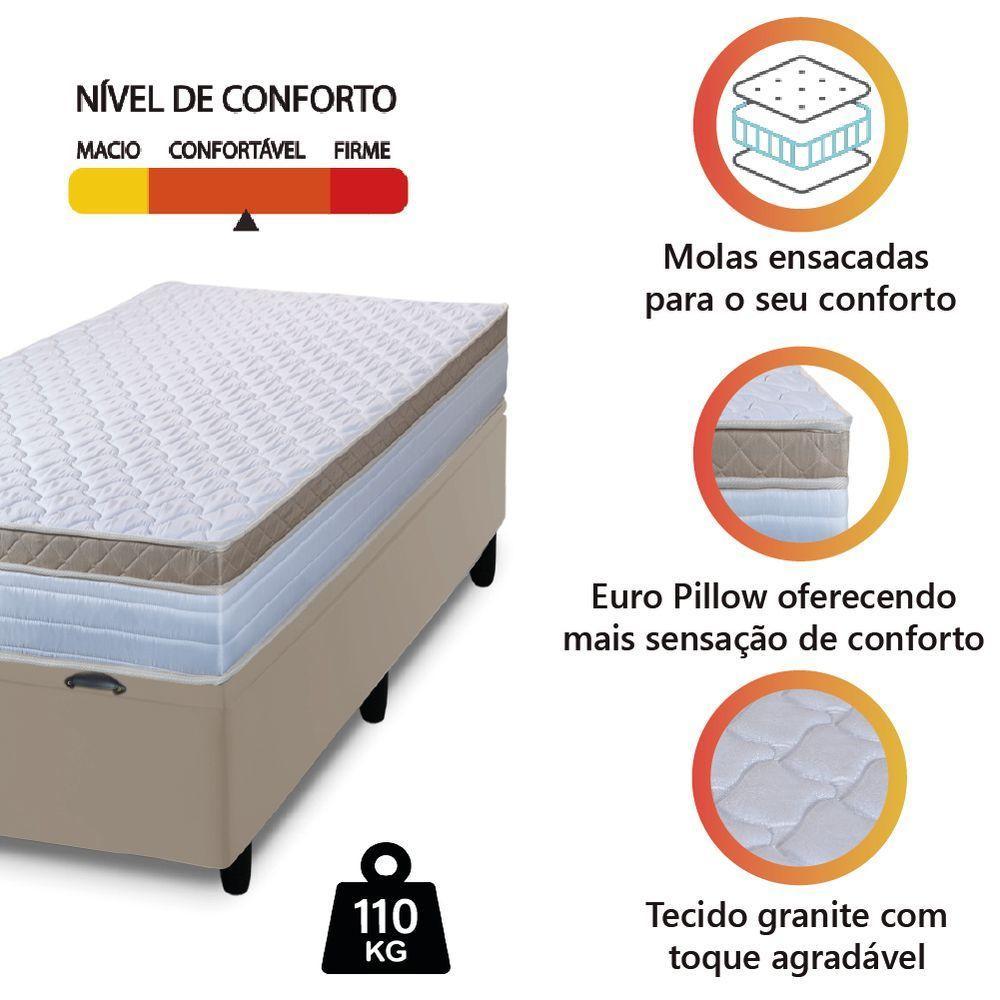 Cama Box Baú Solteiro Colchão Com Molas Ensacadas 88x188x63cm Dunas Branco/bege Hellen Branco / Bege - 5