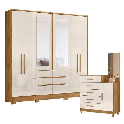 Guarda Roupa Casal e Cômoda San Francisco Lisboa 6 Portas Giratórias 6 Gavetas MDP Freijó Off White