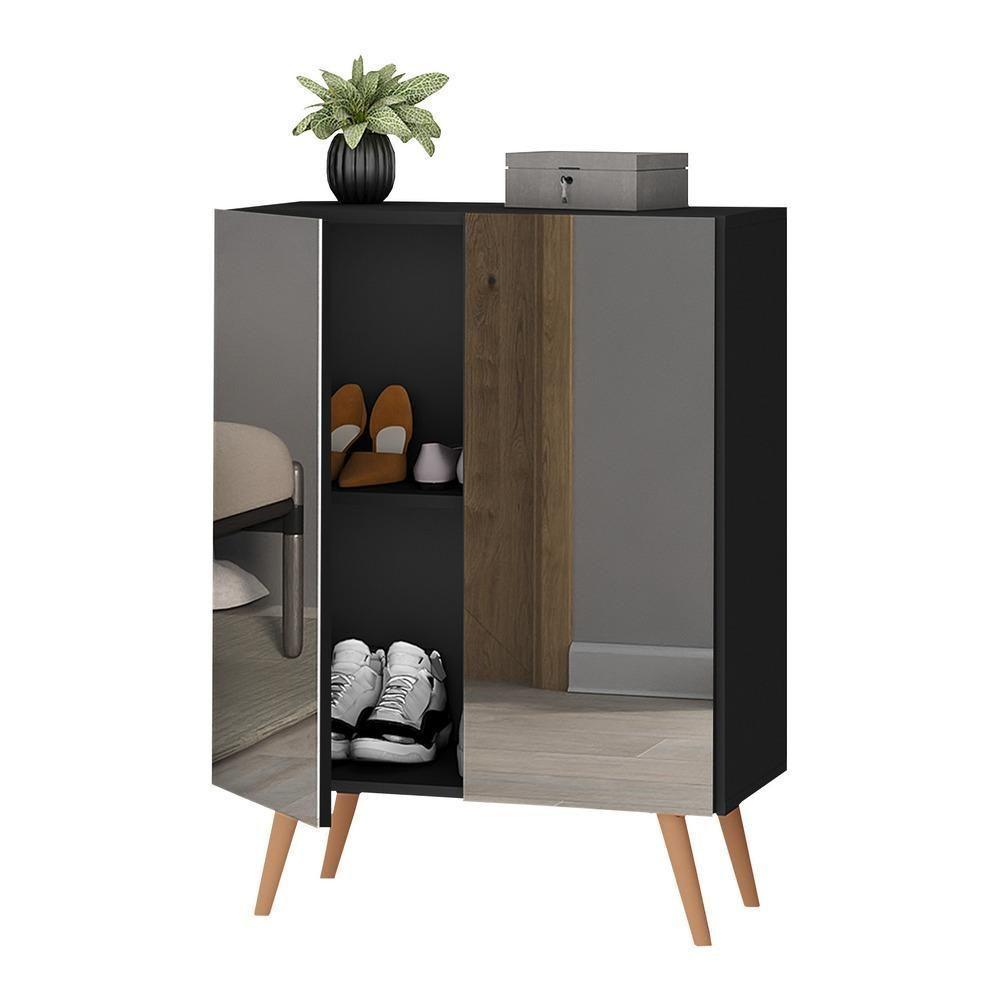 Sapateira 2 Portas Retrô Com Espelho Nina Multimóveis V6012 Preta/Natural Preto/Natural - 2