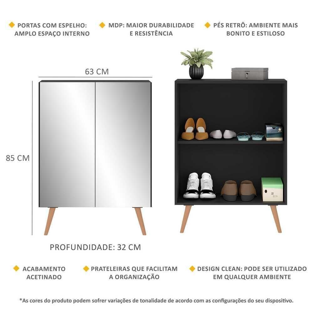 Sapateira 2 Portas Retrô Com Espelho Nina Multimóveis V6012 Preta/Natural Preto/Natural - 6