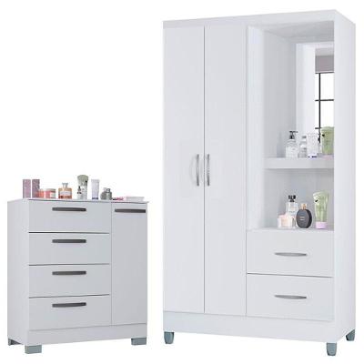 Cômoda com Guarda Roupa Solteiro Córdoba 6 Gavetas em MDF com Puxadores Plástico Branco