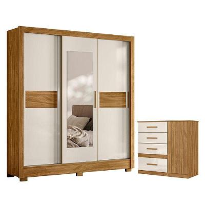Guarda Roupa Casal e Cômoda Bahamas Vênus 4 Portas de Correr 6 Gavetas em MDP Freijó Off White