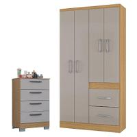 Cômoda 867 4 Gavetas Com Guarda Roupa Solteiro Milão 4 Portas Damasco Off White - Poquema - 1