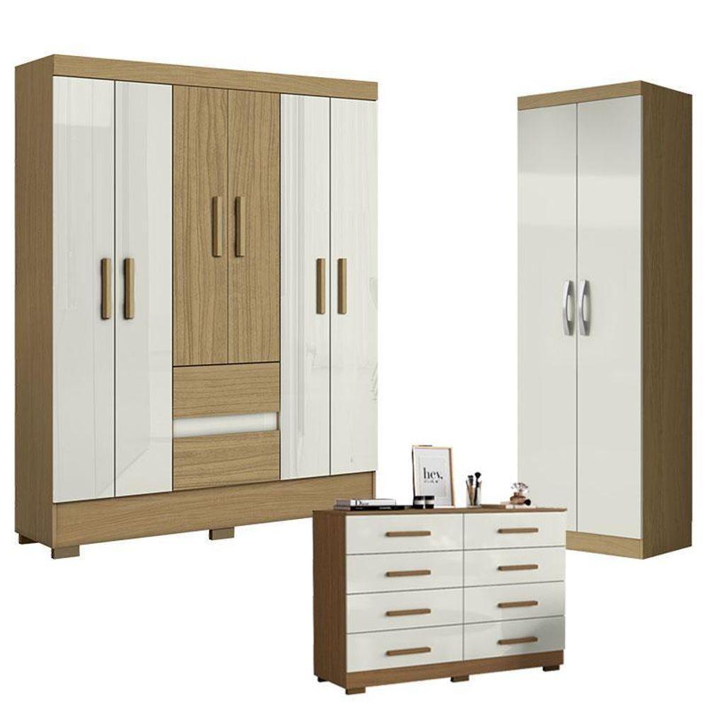 Guarda Roupa Casal Coimbra 2005138 Com Armário Multiuso New 2000192 E Cômoda 2014148 Atacama Off White - Aramóveis - 1