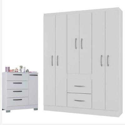 Cômoda e Guarda Roupa Casal Milão 4 Gavetas MDF Puxadores Plástico Branco Brilhante