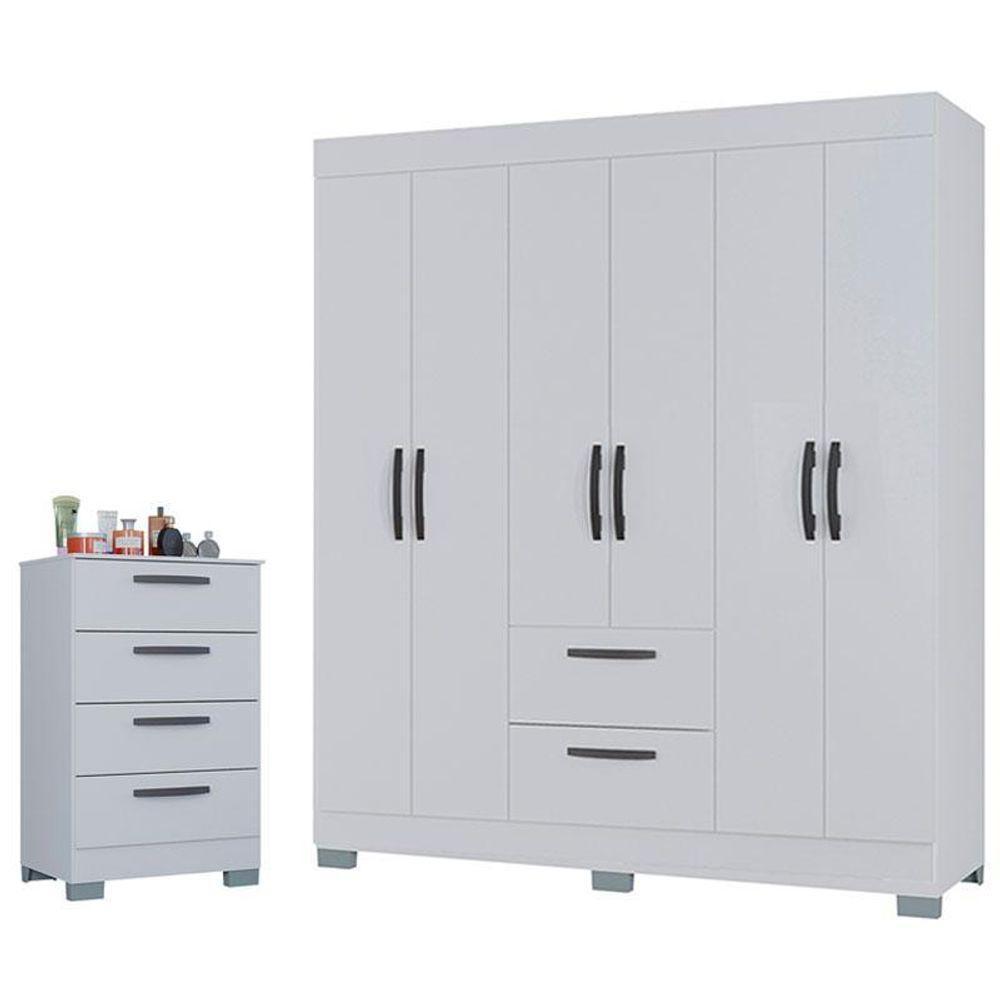 Cômoda 867 4 Gavetas E Guarda Roupa Casal Tóquio 6 Portas Branco Brilho - Poquema - 1