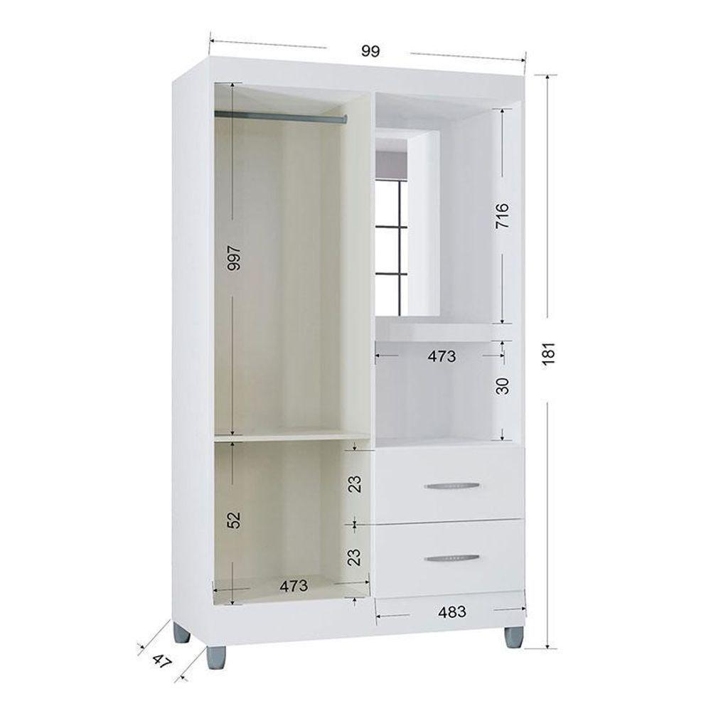 Cômoda 867 4 Gavetas Com Guarda Roupa Solteiro Córdoba 2 Portas Branco Brilho - Poquema - 3