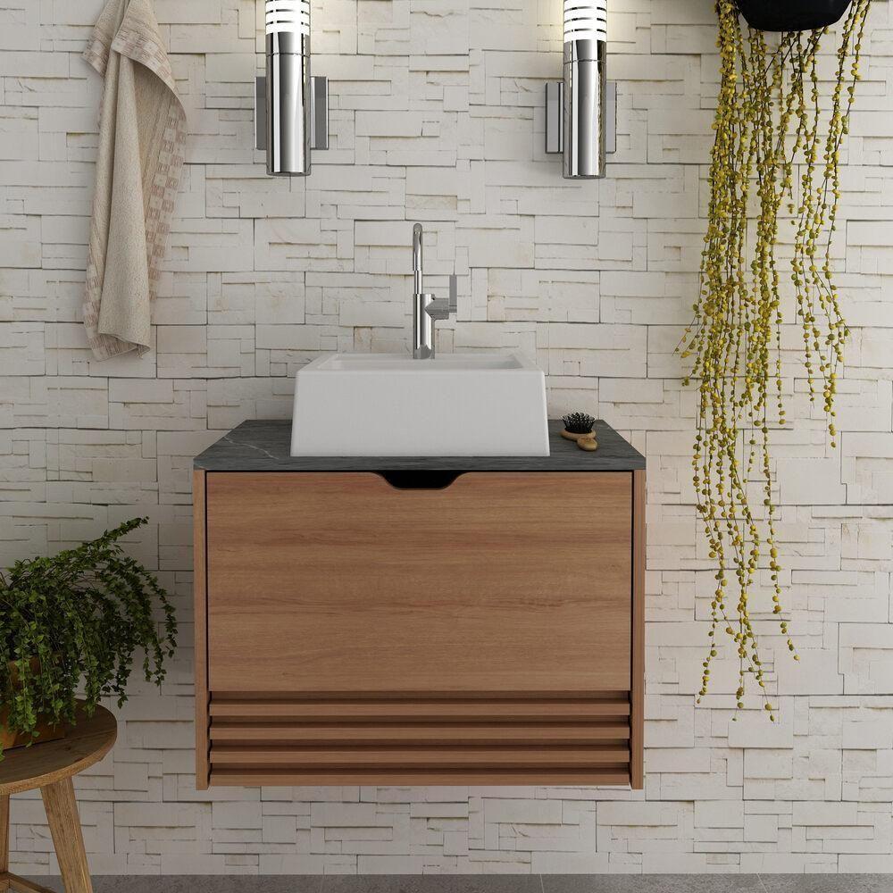 Gabinete Banheiro 1 Porta 1 Gaveta 60Cm Suspenso Multimóveis Vcr10091 Amêndoa/Mármore Lunar - 6