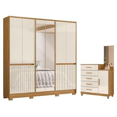Guarda Roupa Casal e Cômoda Alasca Lisboa 10 Portas 4 Gavetas MDP Moderno Freijó Off White