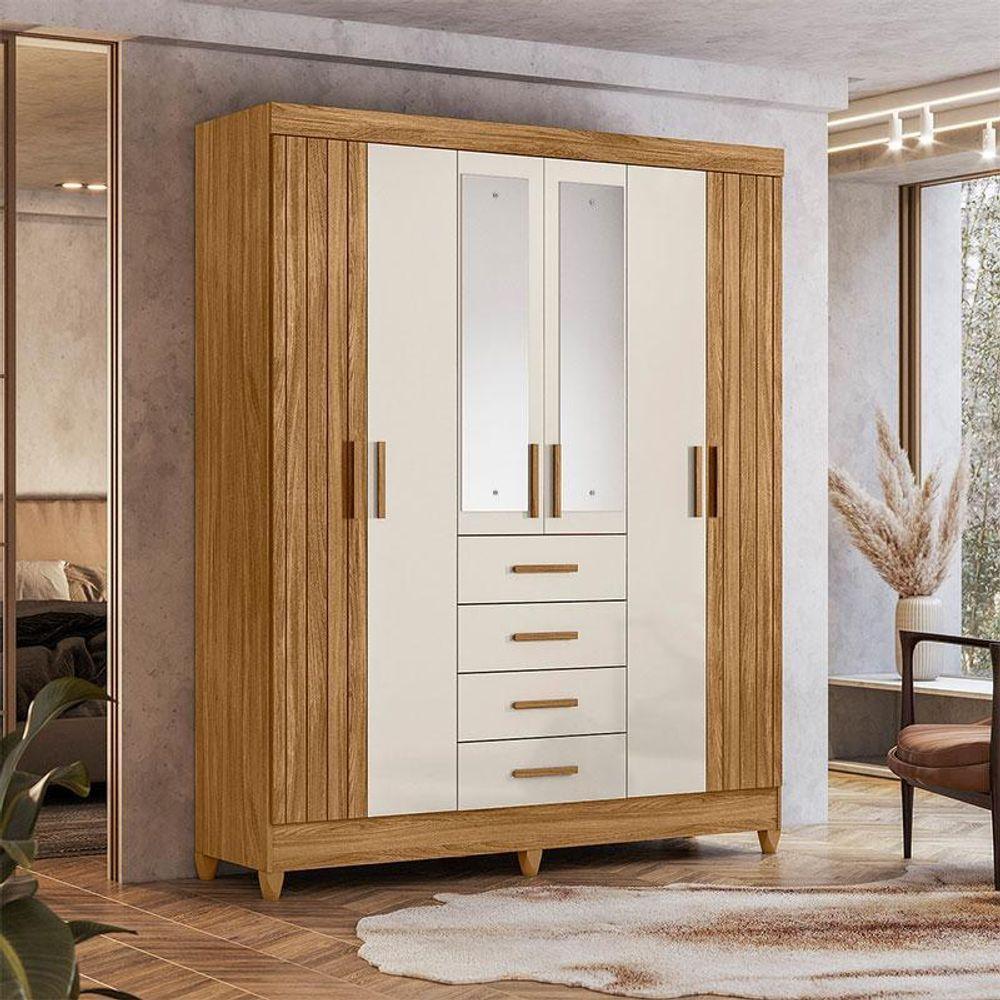 Guarda Roupa Solteiro Ambiente Aruba 6 Portas Freijó Off White Com Espelho - Moval - 1