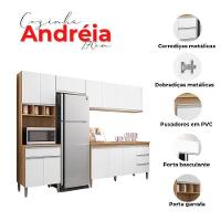 Cozinha Com Balcão E Tampo 150cm Ambiente Andréia Amêndoa Branco - Ajl