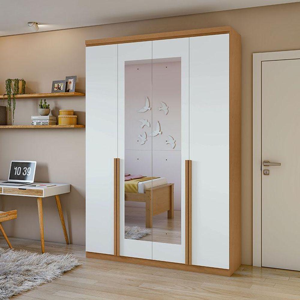 Guarda Roupa Solteiro Ambiente Alonzo 4 Portas Amêndoa Clean Branco Com Espelho - Lopas - 1