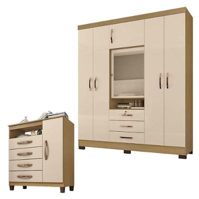 Guarda Roupa Casal Imperial 6 Portas Giratórias 3 Gavetas MDP com Cômoda Sapateira Carvalho