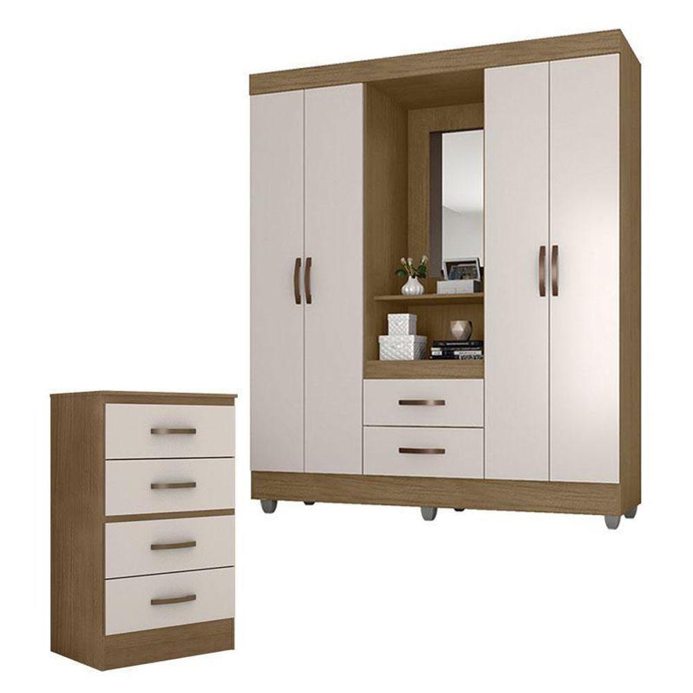 Guarda Roupa Casal Capela E Cômoda 4 Gavetas Lite Nature Off White – Móveis Leão - 1