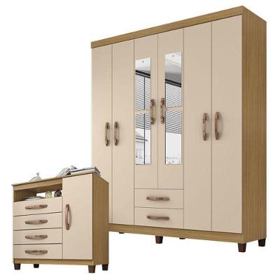 Guarda Roupa Casal Modena 6 Portas de Bater 2 Gavetas Carvalho Americano Off White