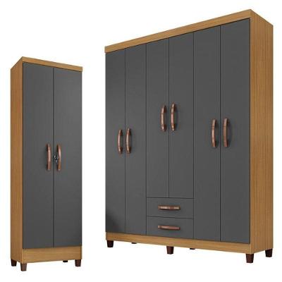Guarda Roupa Casal Modena 6 Portas E Armário Multiuso Egito Carvalho Americano Grafite – Incorplac