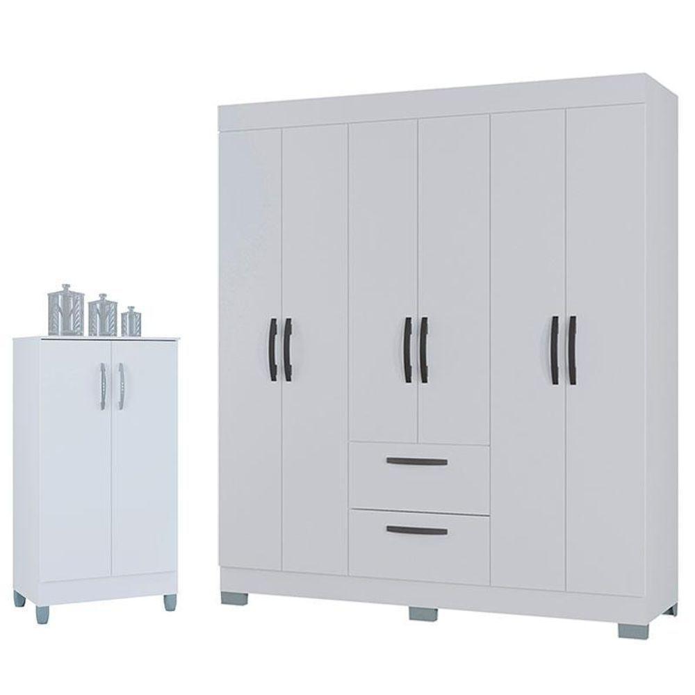 Guarda Roupa Casal Tóquio 6 Portas Com Armário Multiuso 2 Portas Pequeno Branco Brilho - Poquema - 1