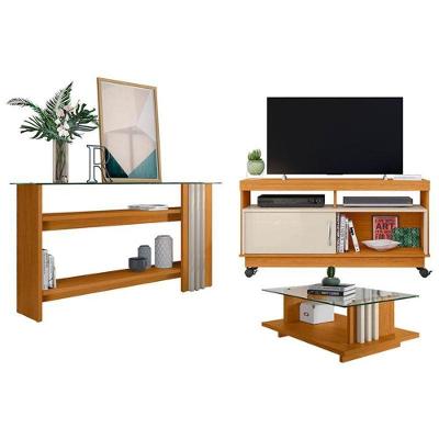Rack Bancada com Aparador e Mesa de Centro Artur 121cm em MDP com Porta de Correr Off White