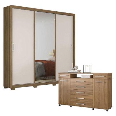 Cômoda e Guarda Roupa Casal Residence London 5 Portas de Correr 9 Gavetas em MDP Amêndola Off White